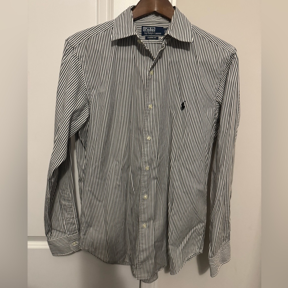 Ralph Lauren Men's Navy and White Striped Button Down Shirt